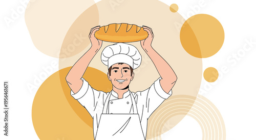 Happy baker presenting loaf, culinary artisan with homemade bread product vector art
