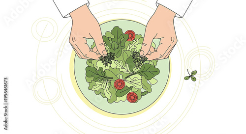 Hands preparing a fresh organic salad with greens and tomato slices for a healthy meal