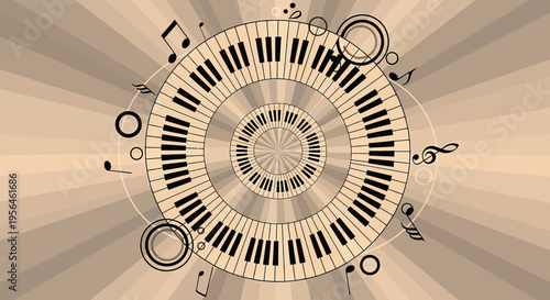 Harmonic concentric circles of piano keys with musical notes on abstract background