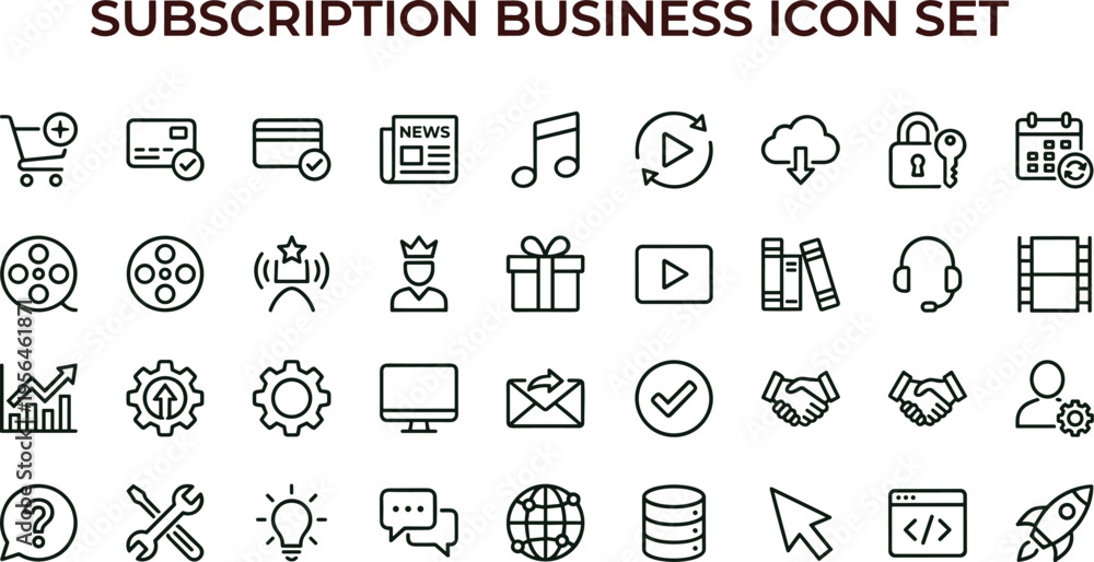 Fototapeta premium Subscription business outline icon set featuring media analytics marketing automation dashboard interface symbols for digital service applications