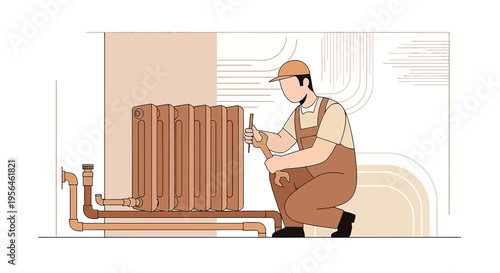 Heating System Technician Repairing Radiator with Wrench in a Modern Residence Interior