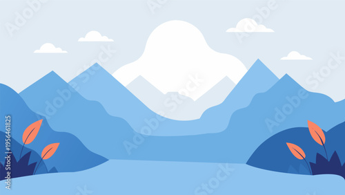 Flat vector illustration of blue mountain landscape with clouds and orange leaves, minimalist nature background for travel and outdoor concept.