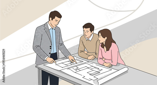 Home Design Review: Architect Discussing Blueprint Details with Young Couple Seeking Professional