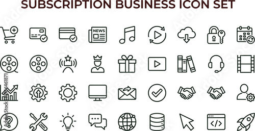 Subscription business outline icon set featuring media analytics marketing automation dashboard interface symbols for digital service applications