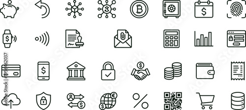 Digital finance payment outline icon set featuring banking transaction analytics security wallet interface symbols for mobile applications