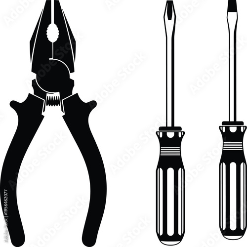 A black and white vector illustration showing a pair of pliers alongside two different screwdrivers isolated on white background