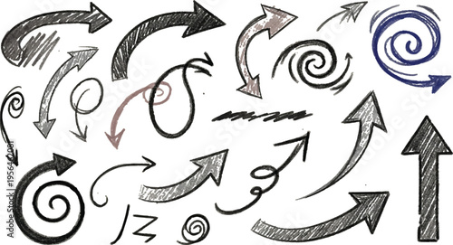 A versatile set of freehand sketchy arrows and swirls in charcoal and ink styles, featuring curved pointers, circular loops, and textured infographic elements.
