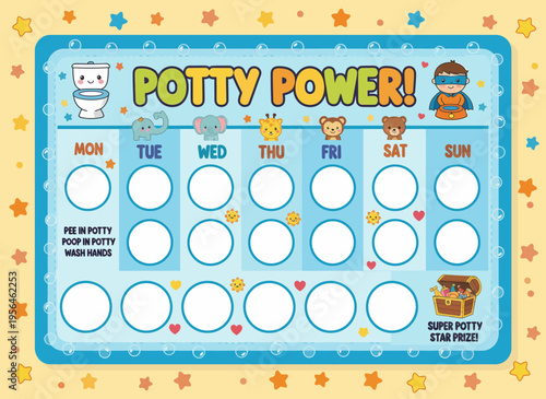 A potty training chart displays a calendar with cartoon characters and stars on a yellow background.