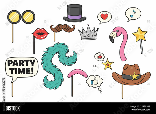A colorful party scene with various props like hats and accessories on sticks