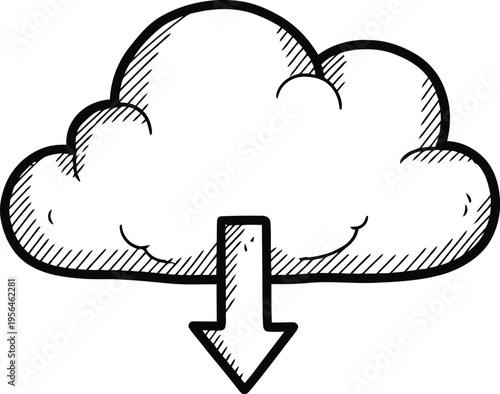 A hand drawn sketch of a cloud icon with a downward arrow representing a digital file download