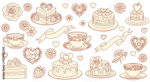 Whimsical wedding cake and tea set illustrations in soft peach color on white background for valentines day