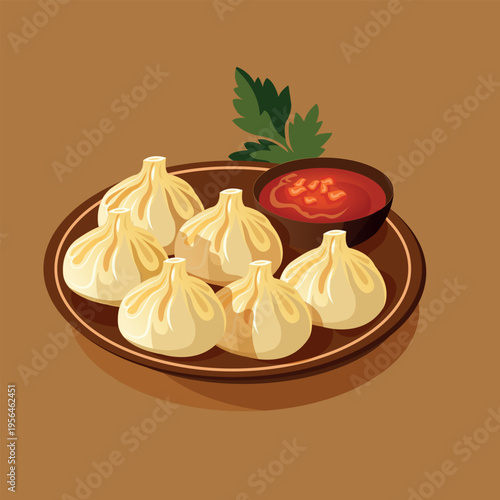 Delicious khinkali dumplings with spicy sauce, Georgian food illustration