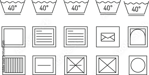 A collection of fifteen standard textile laundry care symbols displayed in a simple grid format isolated on white background