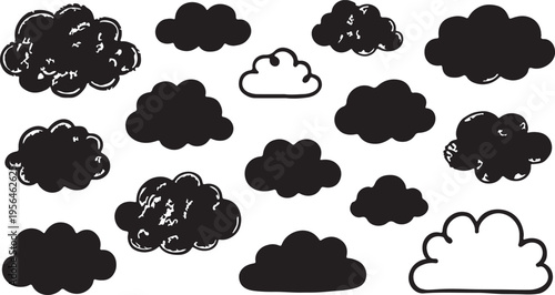A diverse set of playful, hand-drawn cloud shapes including solid black silhouettes, outlined bubbles, and textured chalkboard-style weather elements.