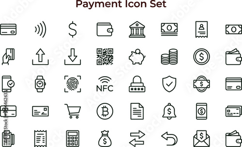 Payment outline icon set featuring digital wallet banking transaction security interface symbols for mobile finance applications