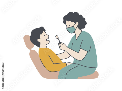 Dentist examines patient's teeth in dental chair