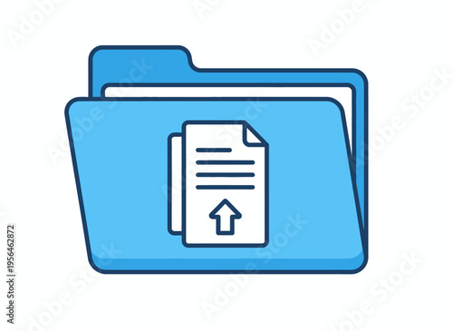 A blue graphic illustration of a file folder with documents inside
