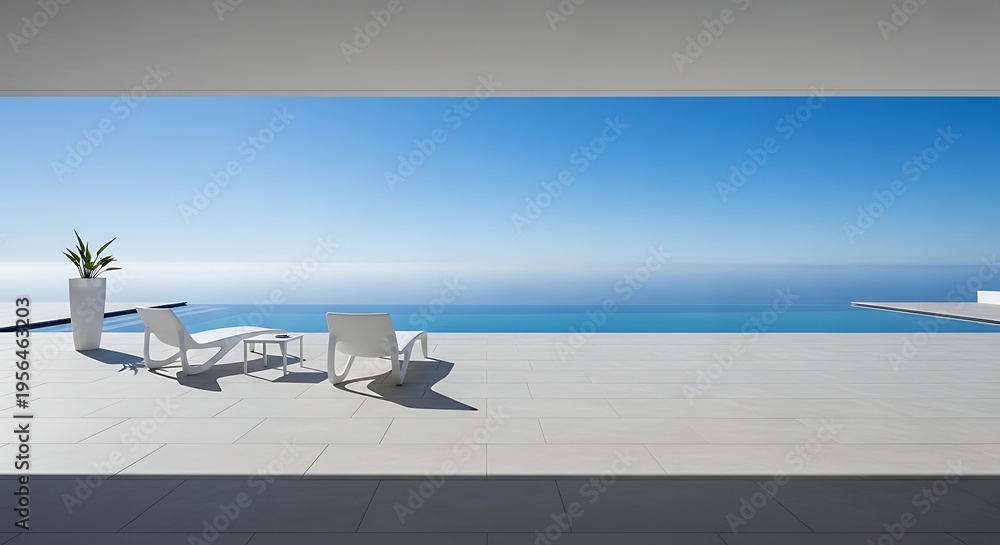 Fototapeta premium Modern luxury villa with infinity pool overlooking the ocean, minimalist white lounge chairs and table on a sunny day