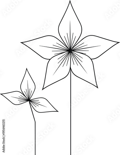 A minimalist black and white line art illustration featuring two stylized flowers on thin stems isolated on white background