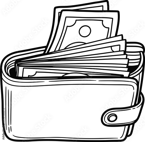 A simple black and white line art illustration of a leather wallet overflowing with paper money