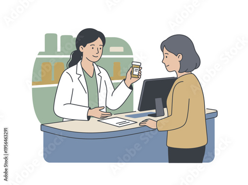 Pharmacist interacts with customer at pharmacy counter