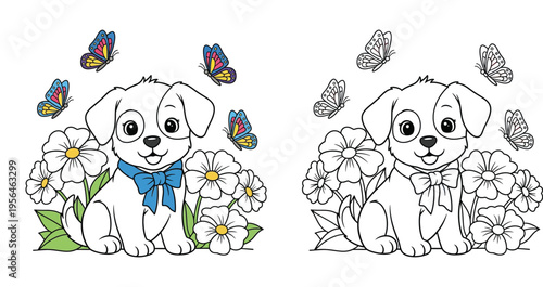 Cute Puppy with Butterflies and Flowers Coloring Page, Vector Illustration of a Cartoon Dog in Garden for Kids Activity Book, Educational Line Art and Colored Template