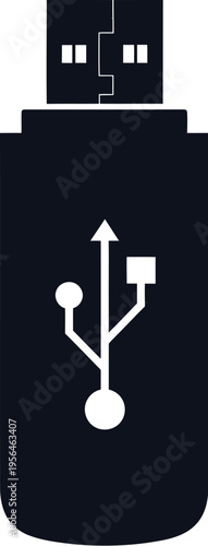 A minimalist black and white graphic illustration of a standard portable usb flash drive device