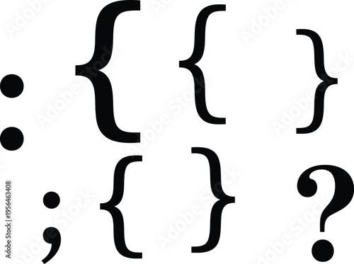 A collection of various programming syntax symbols including braces brackets and punctuation marks