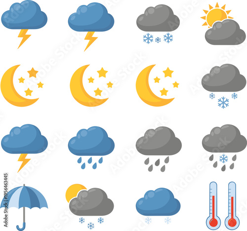 A comprehensive collection of colorful flat weather icons representing various atmospheric states isolated on white background