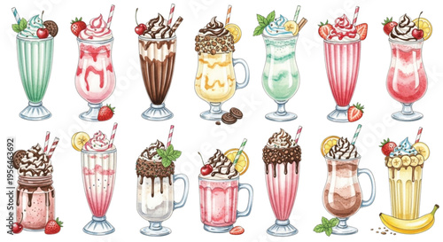 Watercolor Milkshake Collection Set with Chocolate Strawberry Vanilla Banana Shakes Sweet Dessert Drink Illustrations Isolated
