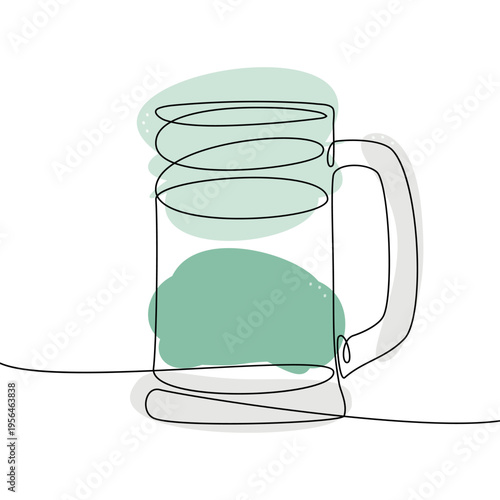 One continuous line draw ale mug with green spots like foam and drink Minimalist flat design element. Vector illustration St Patrick greeting Thematic Cards design element idea, print material, poster