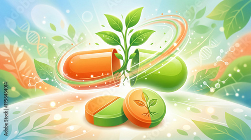 Natural herbal medicine concept, green plant growing from open medical capsule, organic supplement pills and tablets for holistic wellness