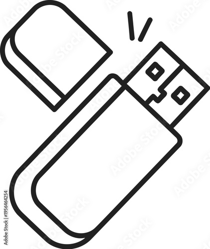 A simple black and white line art vector icon representing a usb flash drive with its cap removed