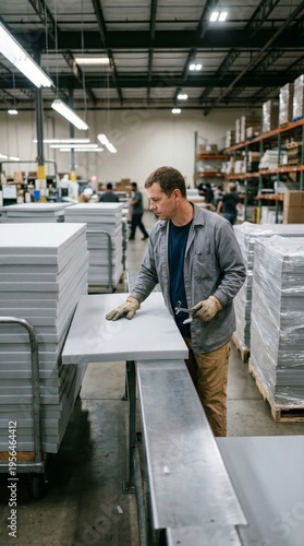 Worker inspecting foam sheets on conveyor in a manufacturing facility with stacks of materials in background