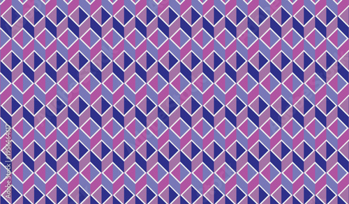 Vibrant geometric diamond pattern with optical illusion effect, colorful abstract triangles and parallelograms in purple pink blue violet symmetry