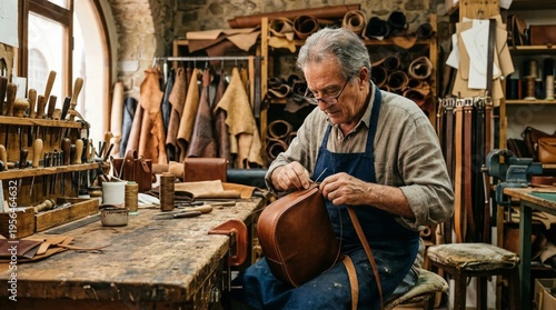 An elderly artisan skillfully crafting leather goods in a rustic workshop surrounded by tools and materials