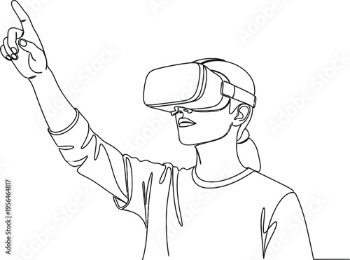 A continuous line drawing of a person wearing a virtual reality headset and reaching upward in air