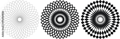 Black and white flower mandala geometric circular patterns with overlapping petals radial symmetry abstract artistic decorative optical illusion design