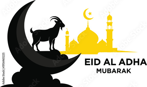 Eid Al Adha Mubarak vector illustration with black goat on crescent moon and yellow mosque silhouette