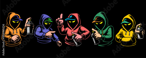 Collection of Five Graffiti Mascot Characters in Various Colors Showcasing Bold Outlines and Urban Style.