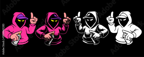 Set of Four Graffiti Artist Mascots Including Pink and White Line Art Versions for Creative Branding.