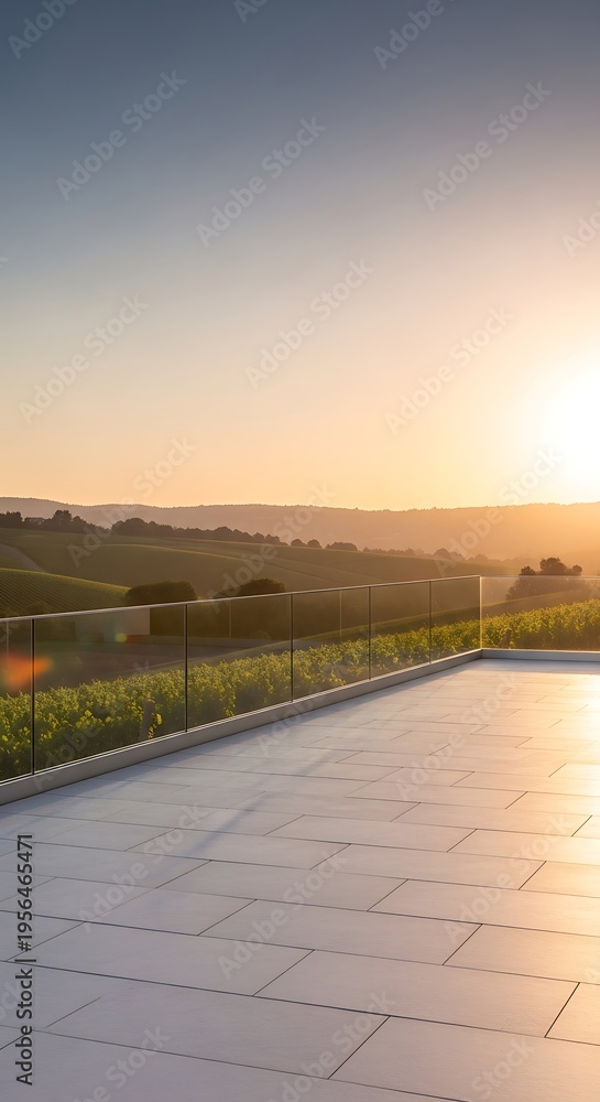 Fototapeta premium Sunset over vineyard terrace with glass railing overlooking rolling hills and golden sky a serene landscape view