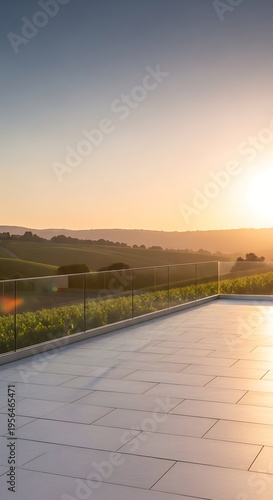 Sunset over vineyard terrace with glass railing overlooking rolling hills and golden sky a serene landscape view