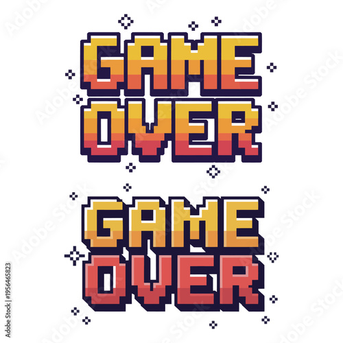 Pixel Art Game Over Text with Sparkles on White Keywords: game over, pixel art, retro gaming