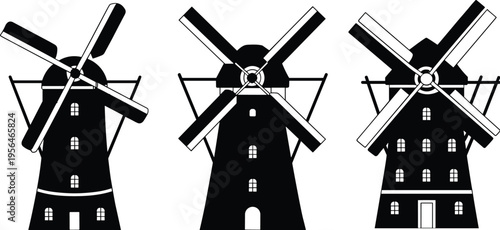 Traditional windmill silhouettes set with rotating blades classic rural architecture farm energy mills isolated vector illustration on white background design
