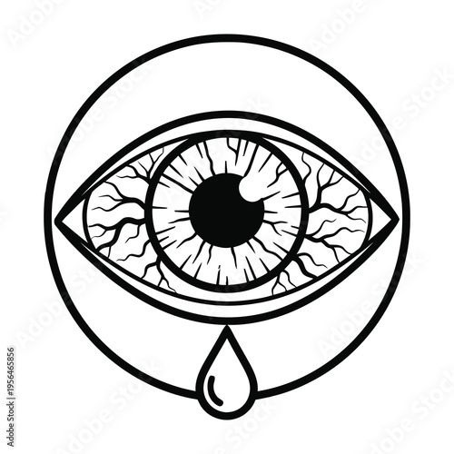 Crying eye with tear drop and bloodshot veins