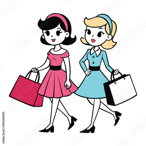 Stylish retro girls stroll through vintage boutiques, carrying colorful bags and laughing together. Dressed in chic 60s fashion, they enjoy a lively day of classic shopping charm.
