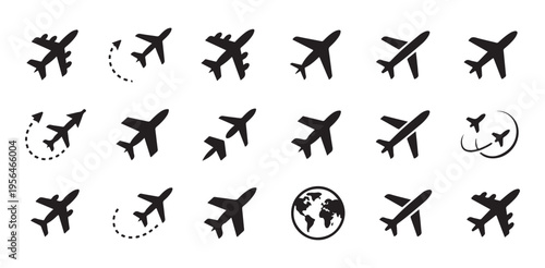 Set of black and white airplane icons featuring planes in various flying and takeoff positions