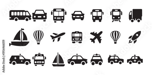 Set of transportation icons including cars buses trains airplanes and more on white