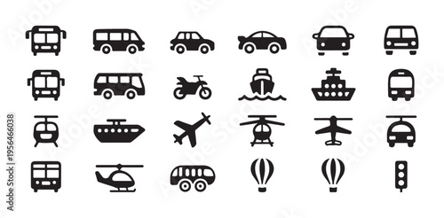 Set of black and white transportation icons includes cars, buses, a motorcycle, boats, and planes